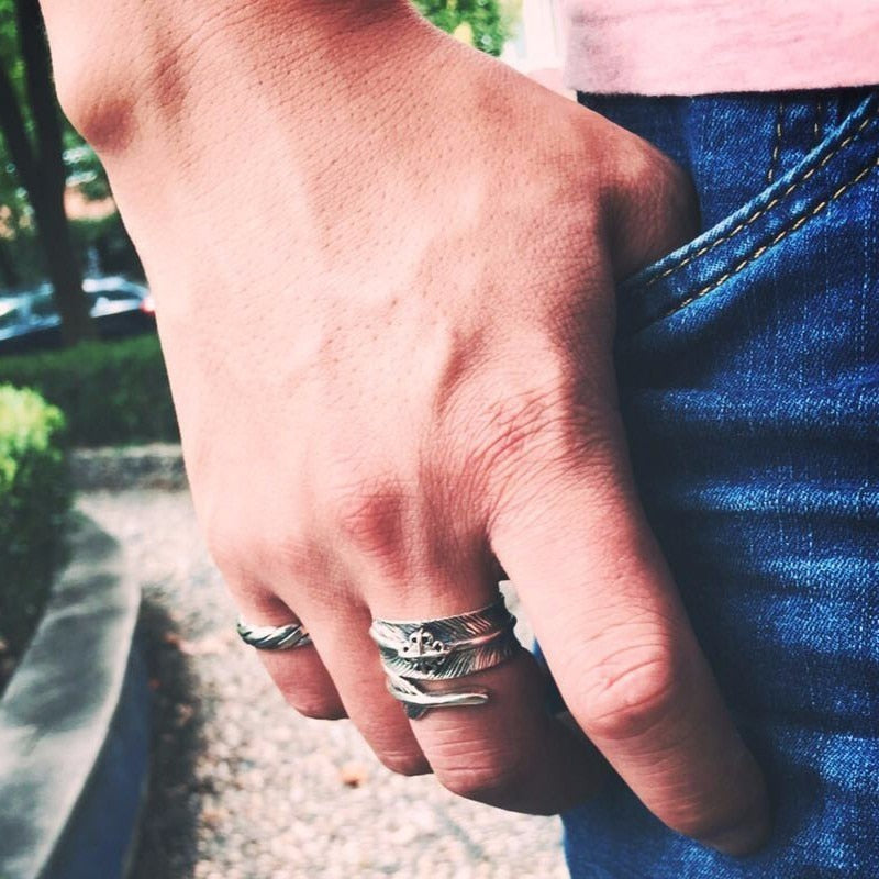 Feather and Cross 925 Sterling Silver Adjustable Vintage Punk Biker Ring-Rings-Innovato Design-Innovato Design
