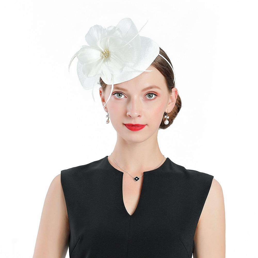 White Flower Headband Linen Pillbox Fascinator Hat with Feathers-Hats-Innovato Design-Innovato Design