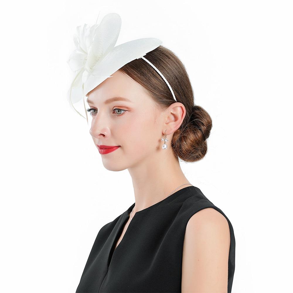 White Flower Headband Linen Pillbox Fascinator Hat with Feathers-Hats-Innovato Design-Innovato Design