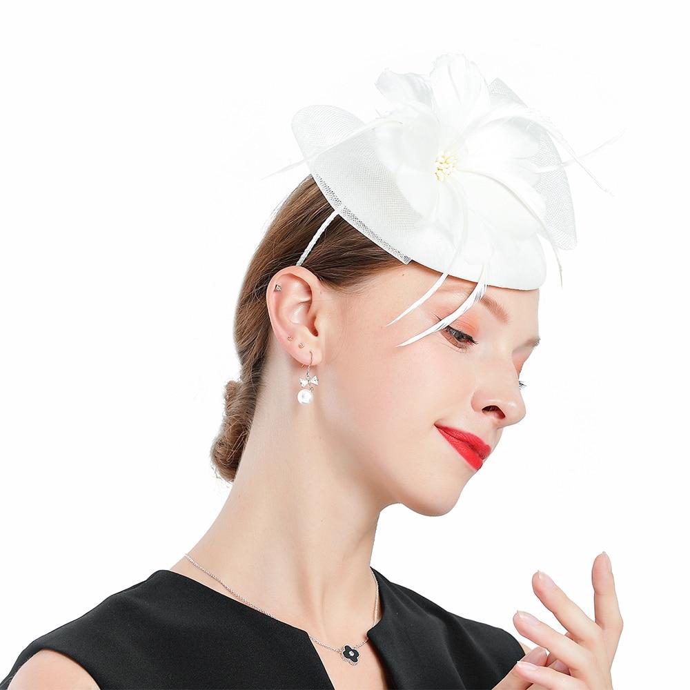 White Flower Headband Linen Pillbox Fascinator Hat with Feathers-Hats-Innovato Design-Innovato Design