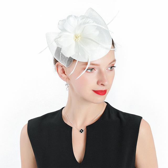 White Flower Headband Linen Pillbox Fascinator Hat with Feathers-Hats-Innovato Design-Innovato Design