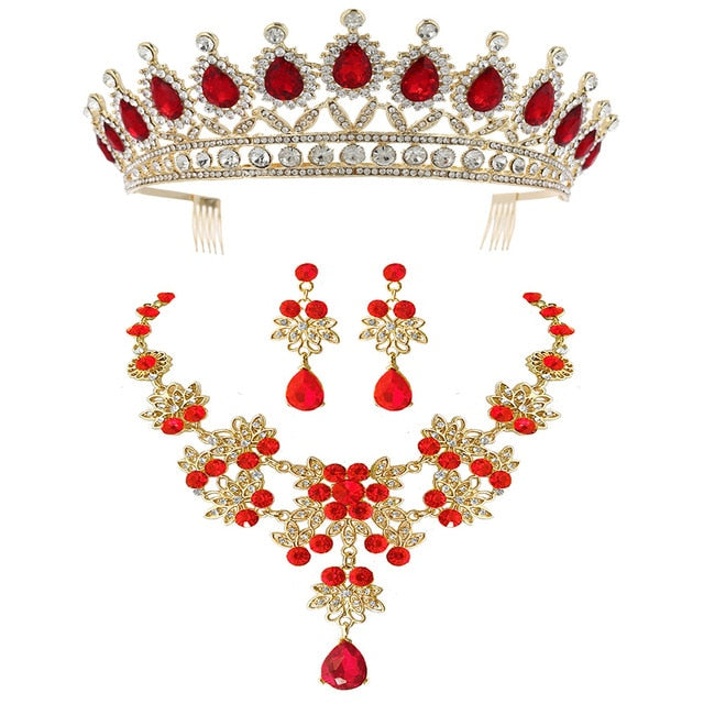 Baroque Crystal Tiara, Necklace & Earrings Wedding Pageant Prom Jewelry Set-Jewelry Sets-Innovato Design-Red-Innovato Design