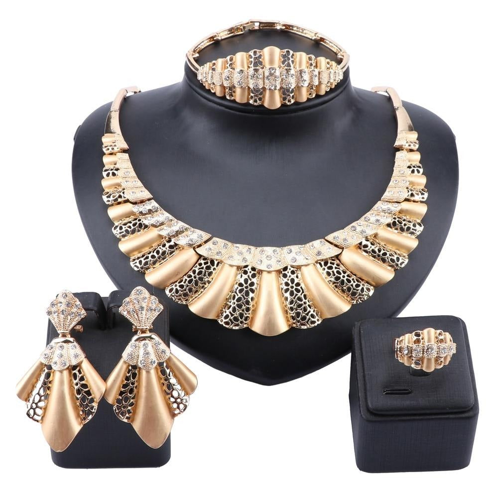 Hanky Folds with Flower Patterns and Crystal Necklace, Bracelet, Earrings & Ring Wedding Jewelry Set-Jewelry Sets-Innovato Design-Gold-Innovato Design