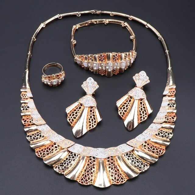 Hanky Folds with Flower Patterns and Crystal Necklace, Bracelet, Earrings & Ring Wedding Jewelry Set-Jewelry Sets-Innovato Design-Silver Gold Rose-Innovato Design