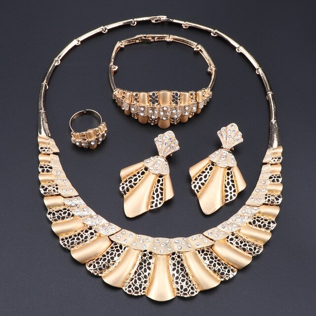 Hanky Folds with Flower Patterns and Crystal Necklace, Bracelet, Earrings & Ring Wedding Jewelry Set-Jewelry Sets-Innovato Design-Silver Gold Rose-Innovato Design