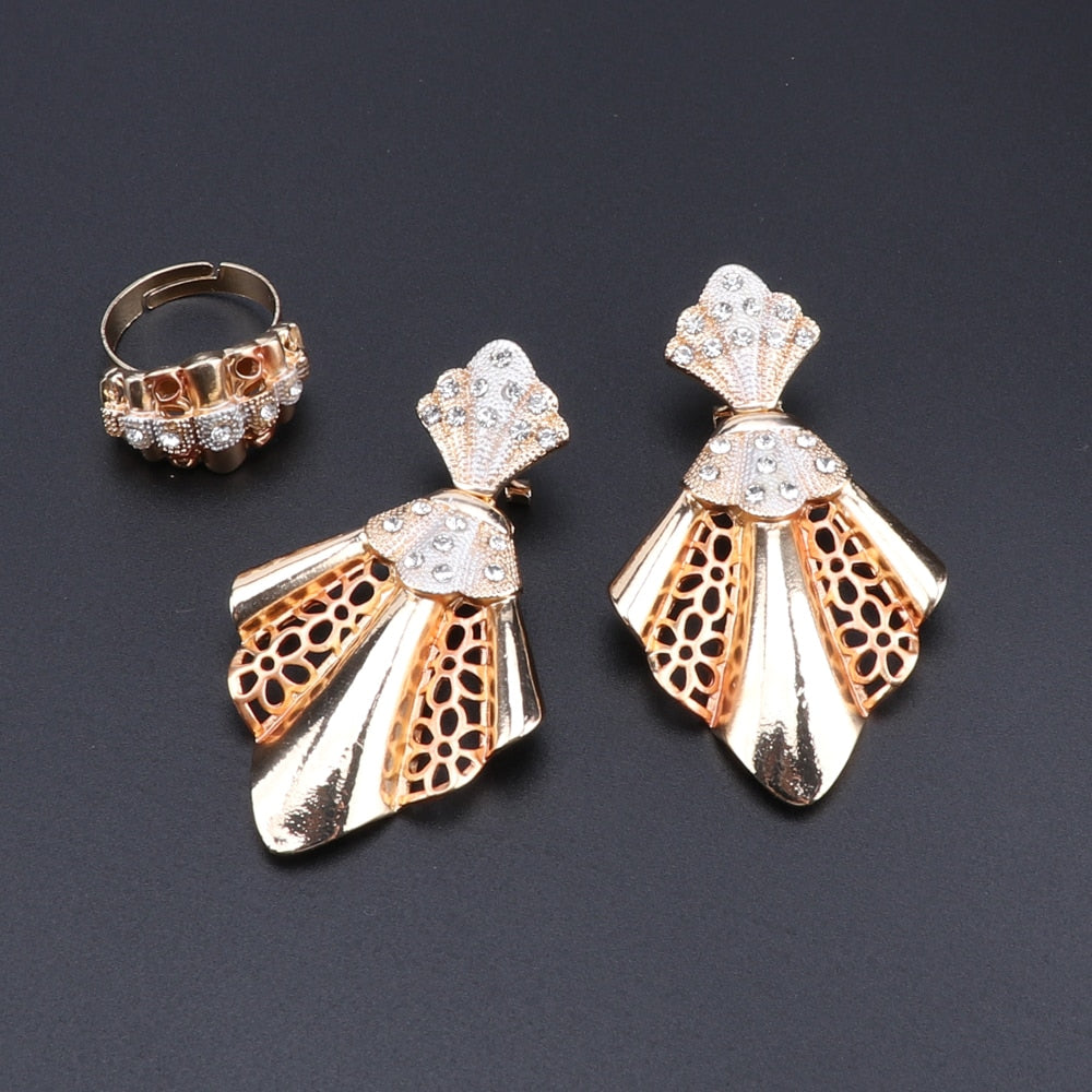 Hanky Folds with Flower Patterns and Crystal Necklace, Bracelet, Earrings & Ring Wedding Jewelry Set-Jewelry Sets-Innovato Design-Silver Gold Rose-Innovato Design