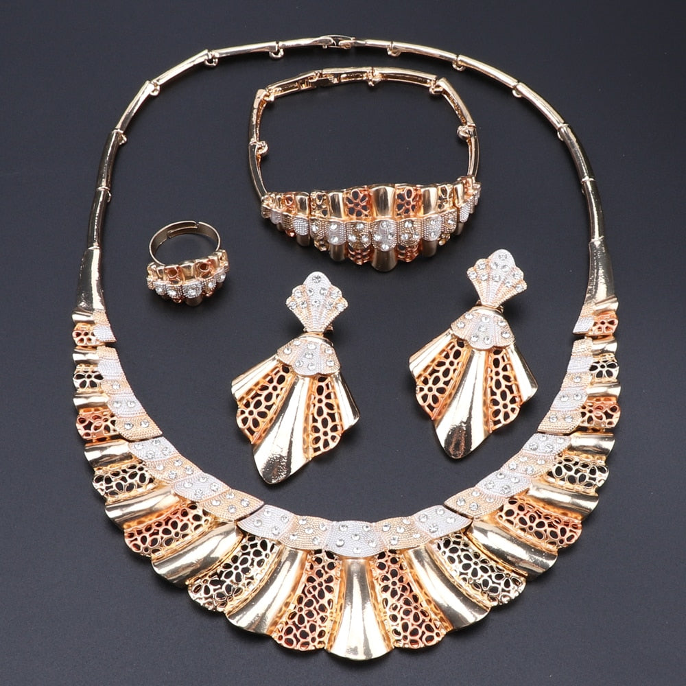 Hanky Folds with Flower Patterns and Crystal Necklace, Bracelet, Earrings & Ring Wedding Jewelry Set-Jewelry Sets-Innovato Design-Silver Gold Rose-Innovato Design