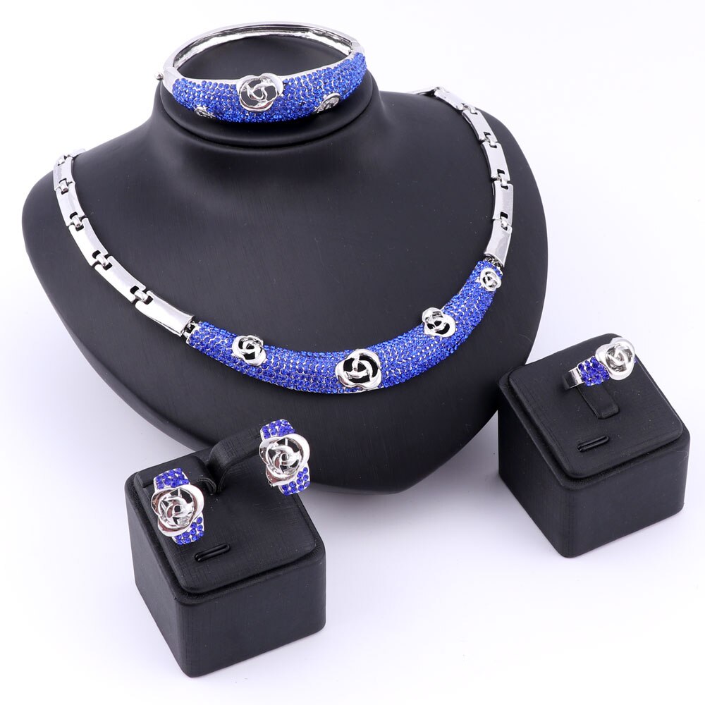Austrian Blue Crystal Necklace, Bracelet, Earrings & Ring Wedding Statement Jewelry Set-Jewelry Sets-Innovato Design-Innovato Design