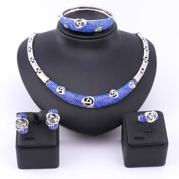 Austrian Blue Crystal Necklace, Bracelet, Earrings & Ring Wedding Statement Jewelry Set