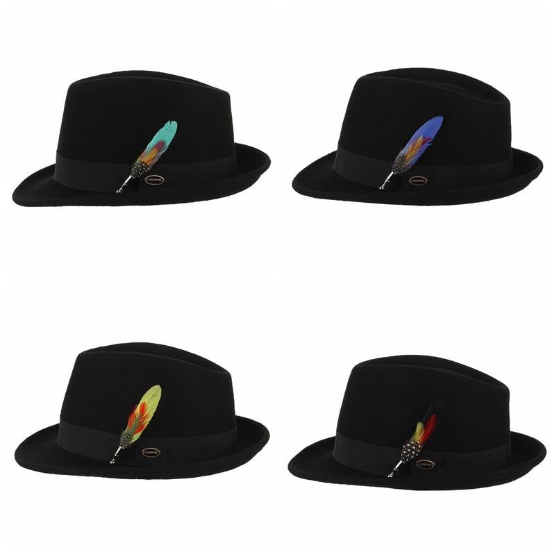 Wool Fedora Trilby Hat with Multicolored Feather on Black Hatband-Hats-Innovato Design-Light Blue-Innovato Design