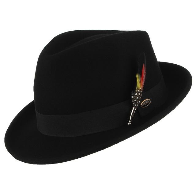Wool Fedora Trilby Hat with Multicolored Feather on Black Hatband-Hats-Innovato Design-Red-Innovato Design