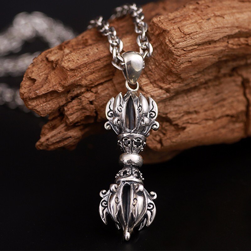 Buddhist Artifacts 925 Sterling Silver Vintage Steampunk Biker Pendant Necklace-Gothic Necklaces-Innovato Design-21.65in-Innovato Design