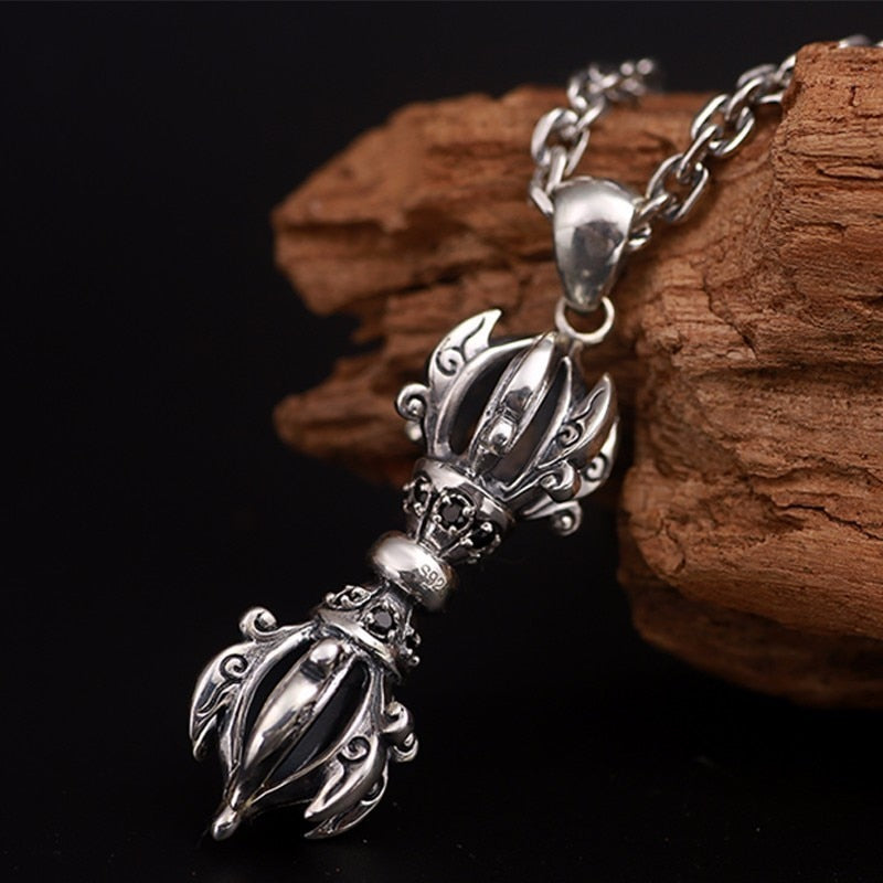 Buddhist Artifacts 925 Sterling Silver Vintage Steampunk Biker Pendant Necklace-Gothic Necklaces-Innovato Design-21.65in-Innovato Design