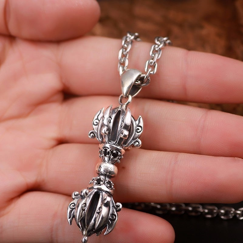 Buddhist Artifacts 925 Sterling Silver Vintage Steampunk Biker Pendant Necklace-Gothic Necklaces-Innovato Design-21.65in-Innovato Design