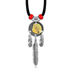Golden Indian Chief Feather 925 Sterling Silver Vintage Punk Pendant