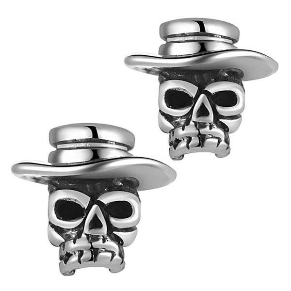 Skull with Hat 925 Sterling Silver Vintage Punk Biker Stud Earrings-Earrings-Innovato Design-Innovato Design