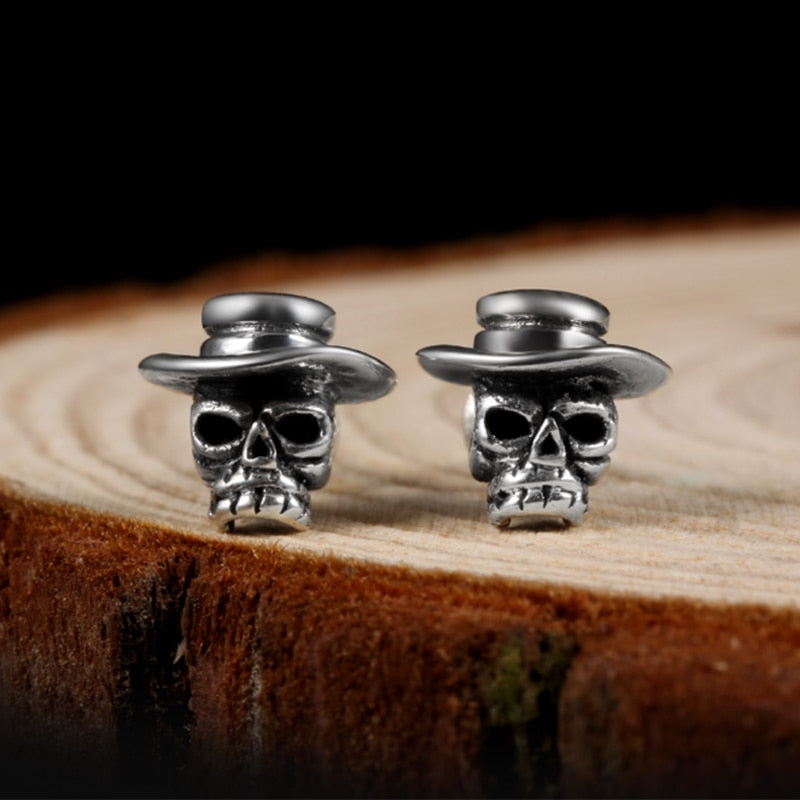Skull with Hat 925 Sterling Silver Vintage Punk Biker Stud Earrings-Earrings-Innovato Design-Innovato Design