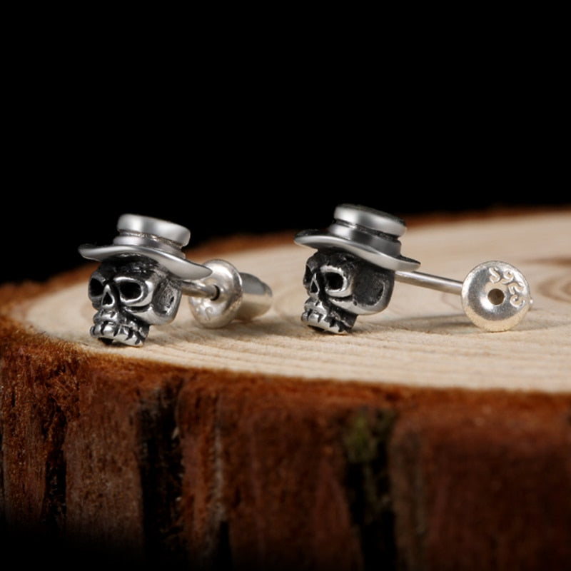 Skull with Hat 925 Sterling Silver Vintage Punk Biker Stud Earrings-Earrings-Innovato Design-Innovato Design