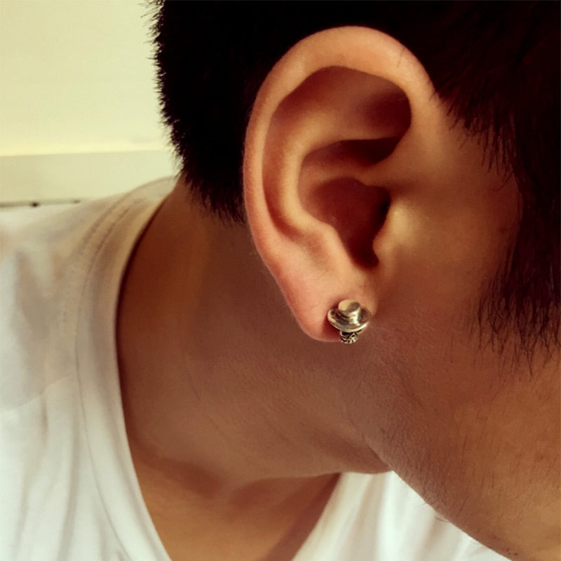 Skull with Hat 925 Sterling Silver Vintage Punk Biker Stud Earrings-Earrings-Innovato Design-Innovato Design