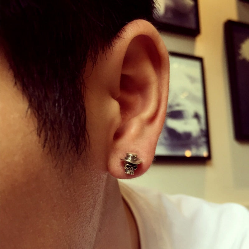 Skull with Hat 925 Sterling Silver Vintage Punk Biker Stud Earrings-Earrings-Innovato Design-Innovato Design