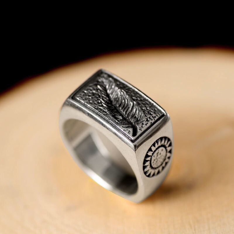 Engraved Leaf, Arrows and Sun 925 Sterling Silver Handmade Vintage Steampunk Biker Ring-Rings-Innovato Design-7-Innovato Design