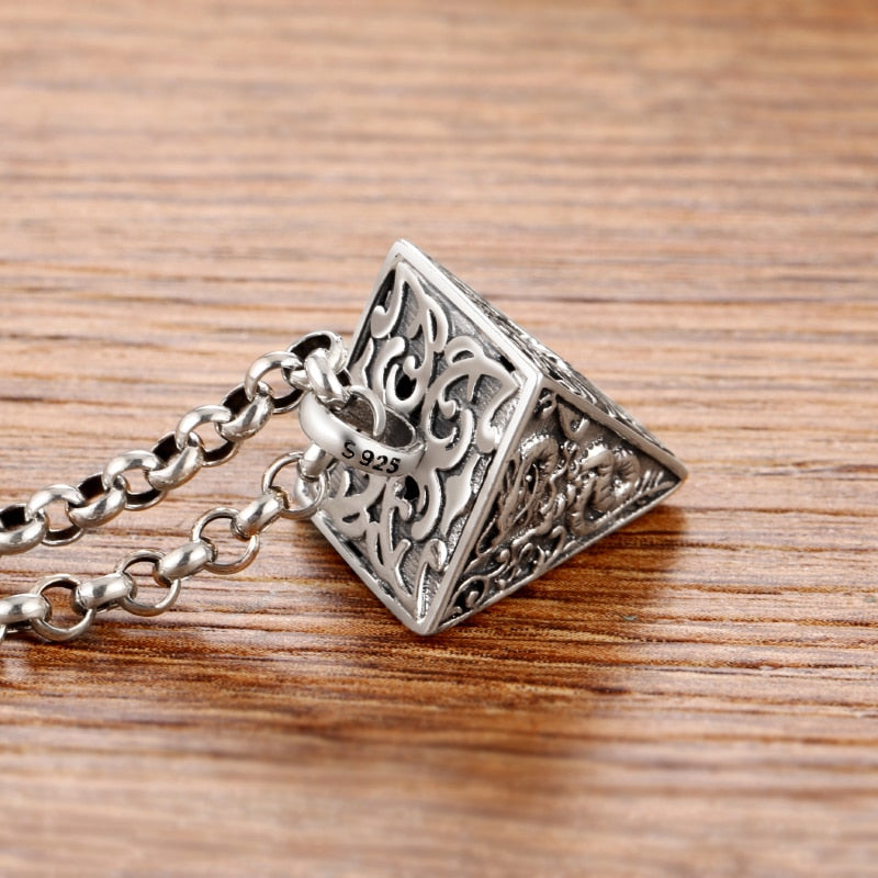 Four God Beasts Pyramid 925 Sterling Silver Vintage Punk Biker Pendant Necklace-Gothic Necklaces-Innovato Design-19.69in-Innovato Design