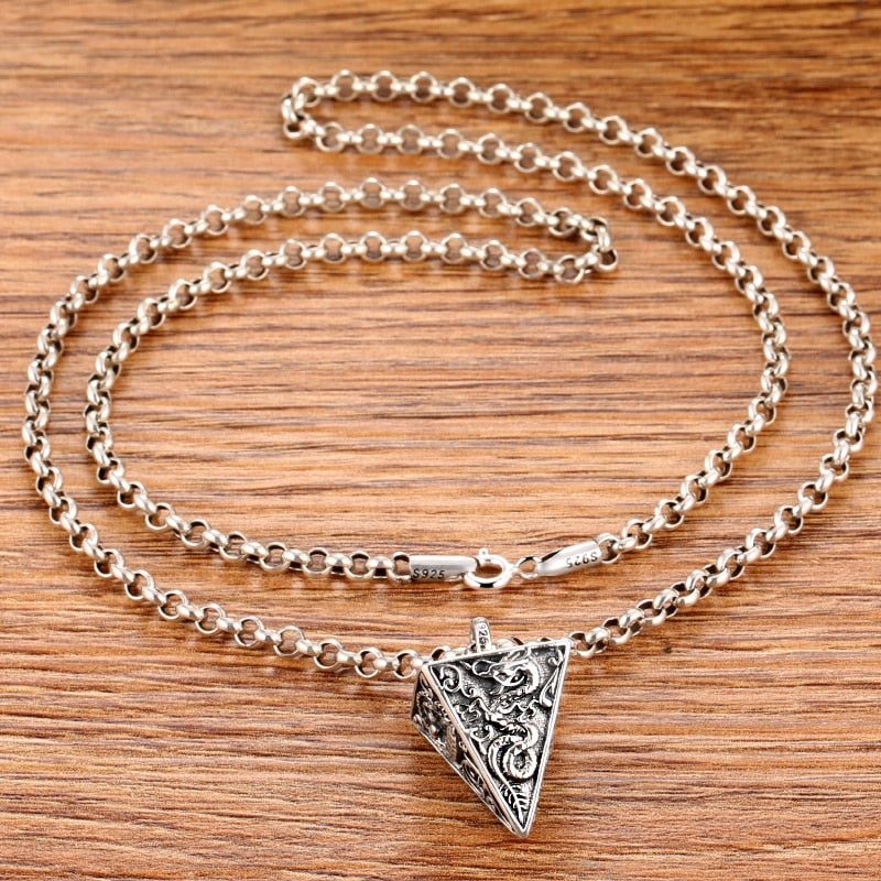 Four God Beasts Pyramid 925 Sterling Silver Vintage Punk Biker Pendant Necklace-Gothic Necklaces-Innovato Design-19.69in-Innovato Design