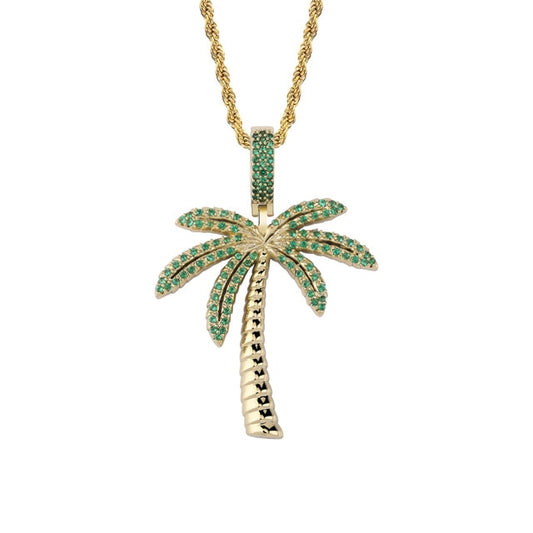 Cubic Zirconia Gold/Silver-Plated Coconut Tree Hip-Hop Pendant Necklace-Necklaces-Innovato Design-Gold-Rope Chain-18inch-Innovato Design