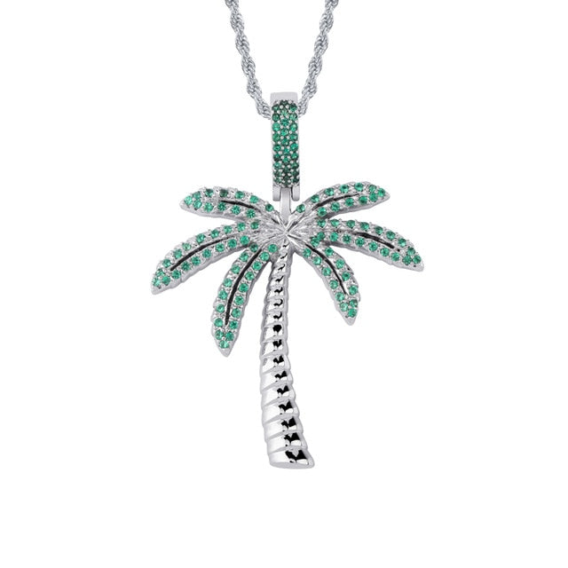 Cubic Zirconia Gold/Silver-Plated Coconut Tree Hip-Hop Pendant Necklace-Necklaces-Innovato Design-Silver-Rope Chain-20inch-Innovato Design