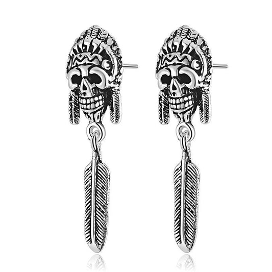 Indian Skull and Feather 925 Sterling Silver Vintage Punk Fashion Long Stud Earrings