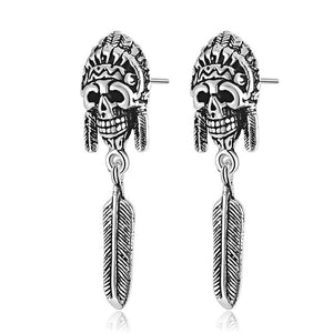 Indian Skull and Feather 925 Sterling Silver Vintage Punk Fashion Long Stud Earrings-Earrings-Innovato Design-Innovato Design