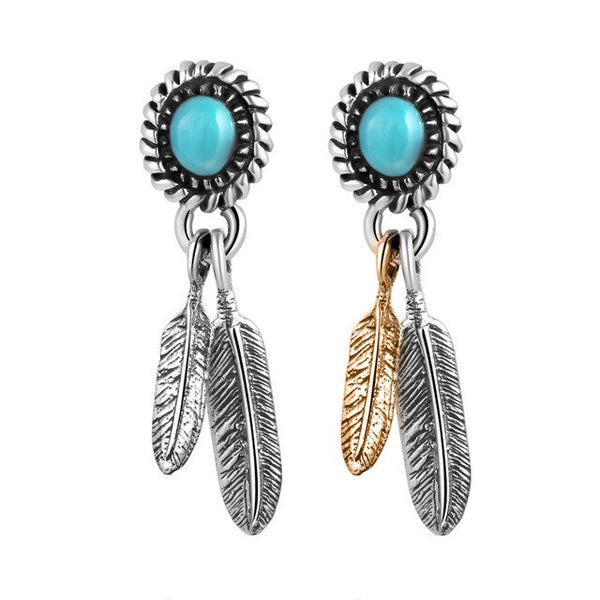 Turquoise Stone Gold Feather 925 Sterling Silver Vintage Fashion Long Stud Earrings