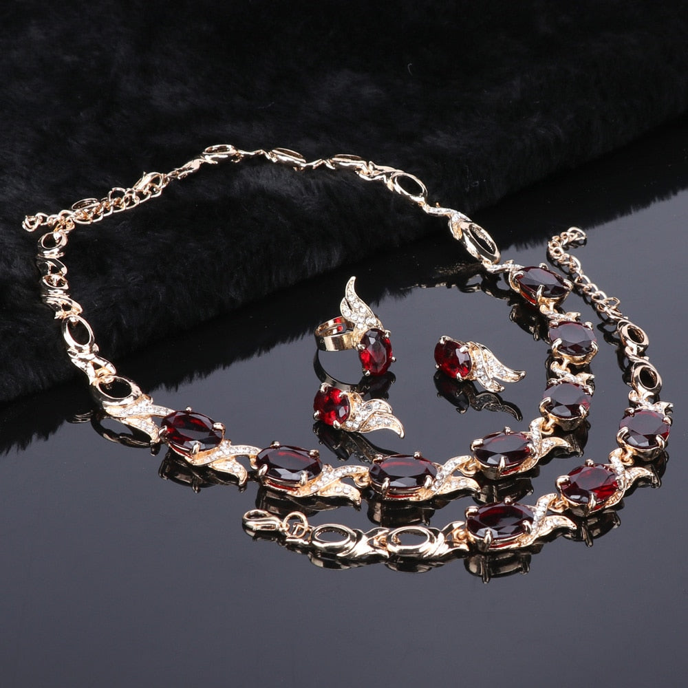 Gold-Plated and Silver-Plated Red Crystal Necklace, Bracelet, Earrings & Ring Wedding Jewelry Set-Jewelry Sets-Innovato Design-Gold-Innovato Design