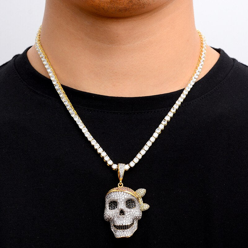 Cubic-Zirconia-Studded Pirate Skull Bling Hip-hop Pendant Necklace-Necklaces-Innovato Design-4mm Tennis-24inch-Innovato Design