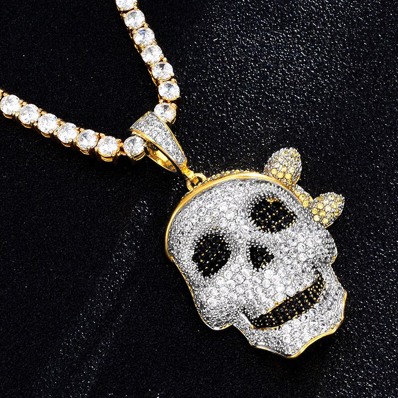 Cubic-Zirconia-Studded Pirate Skull Bling Hip-hop Pendant Necklace-Necklaces-Innovato Design-4mm Tennis-24inch-Innovato Design