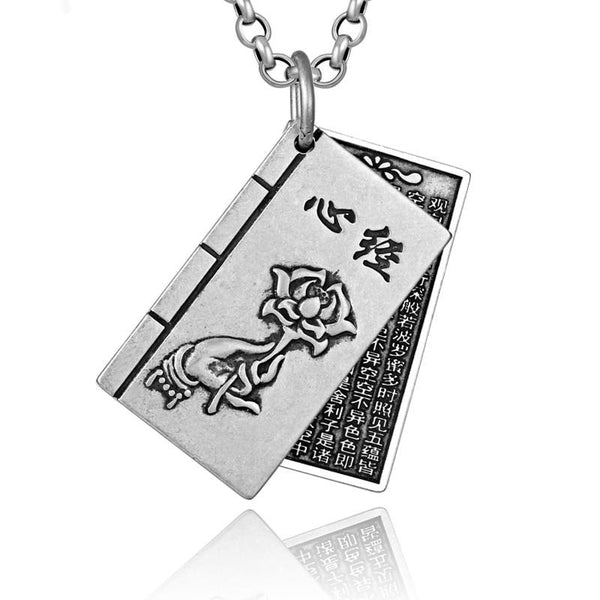 Buddhism Book Lettering and Lotus Flower 999 Genuine Silver Vintage Steampunk Pendant Necklace-Gothic Necklaces-Innovato Design-21.65in-Innovato Design