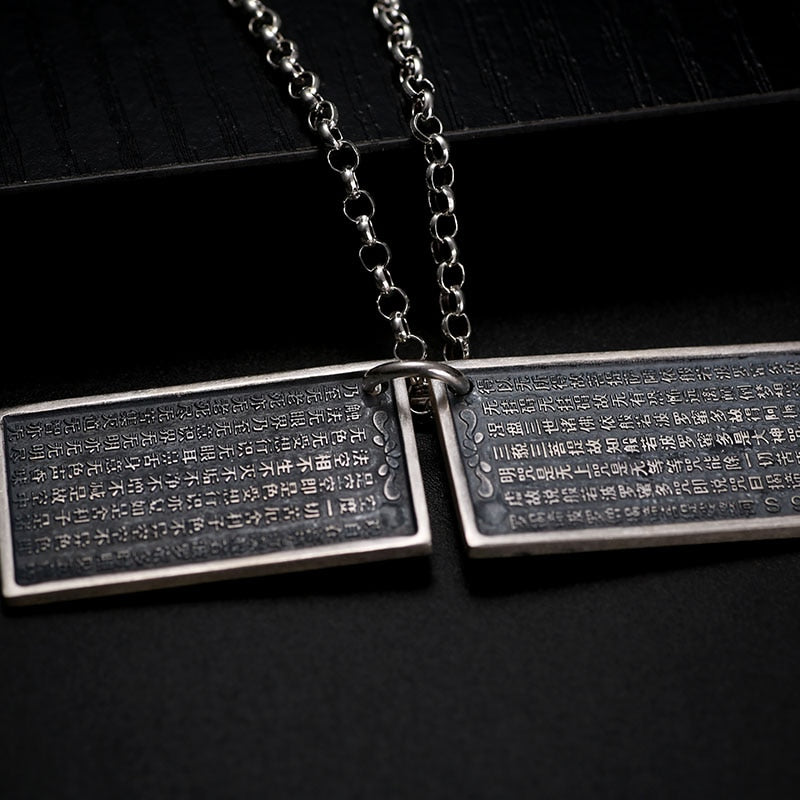 Buddhism Book Lettering and Lotus Flower 999 Genuine Silver Vintage Steampunk Pendant Necklace-Gothic Necklaces-Innovato Design-21.65in-Innovato Design