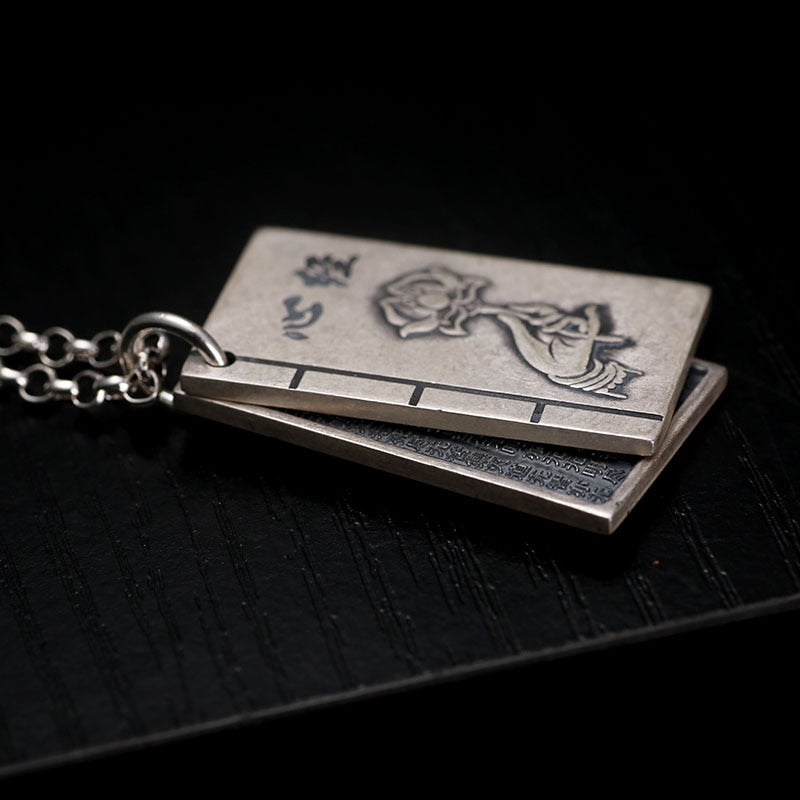 Buddhism Book Lettering and Lotus Flower 999 Genuine Silver Vintage Steampunk Pendant Necklace-Gothic Necklaces-Innovato Design-21.65in-Innovato Design