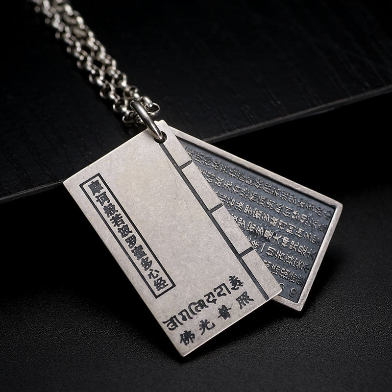 Buddhism Book Lettering and Lotus Flower 999 Genuine Silver Vintage Steampunk Pendant Necklace-Gothic Necklaces-Innovato Design-21.65in-Innovato Design
