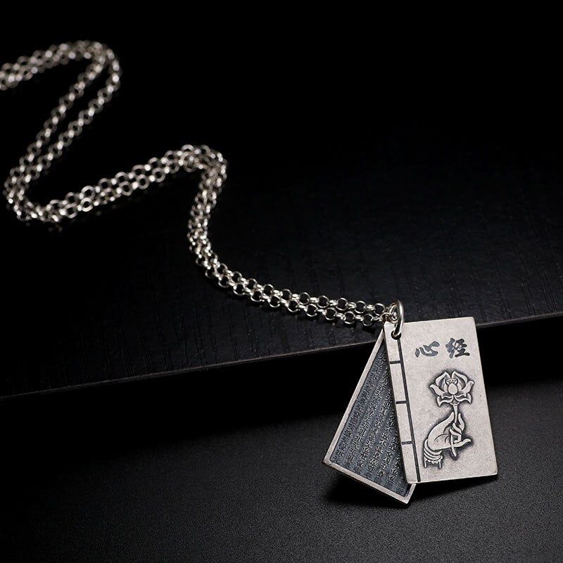 Buddhism Book Lettering and Lotus Flower 999 Genuine Silver Vintage Steampunk Pendant Necklace-Gothic Necklaces-Innovato Design-21.65in-Innovato Design