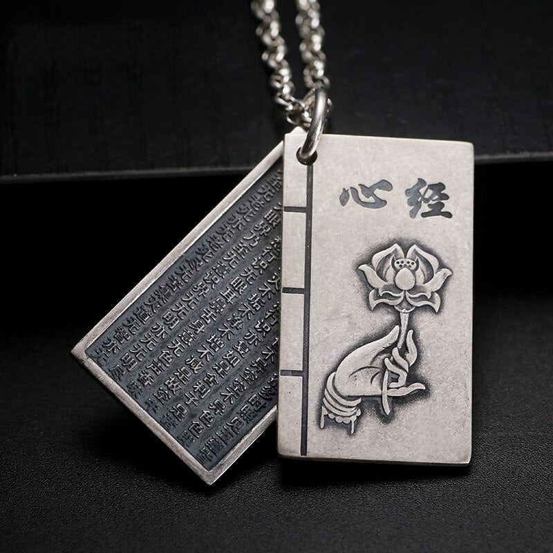 Buddhism Book Lettering and Lotus Flower 999 Genuine Silver Vintage Steampunk Pendant Necklace-Gothic Necklaces-Innovato Design-21.65in-Innovato Design