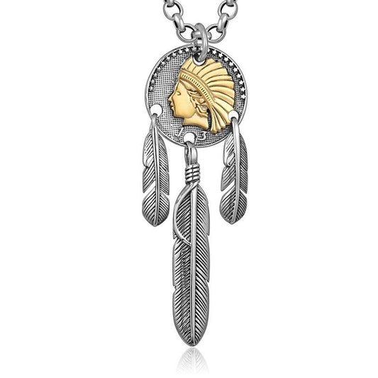 Golden Indian Chief Feather 925 Sterling Silver Vintage Punk Pendant Necklace-Necklaces-Innovato Design-19.69in-Innovato Design