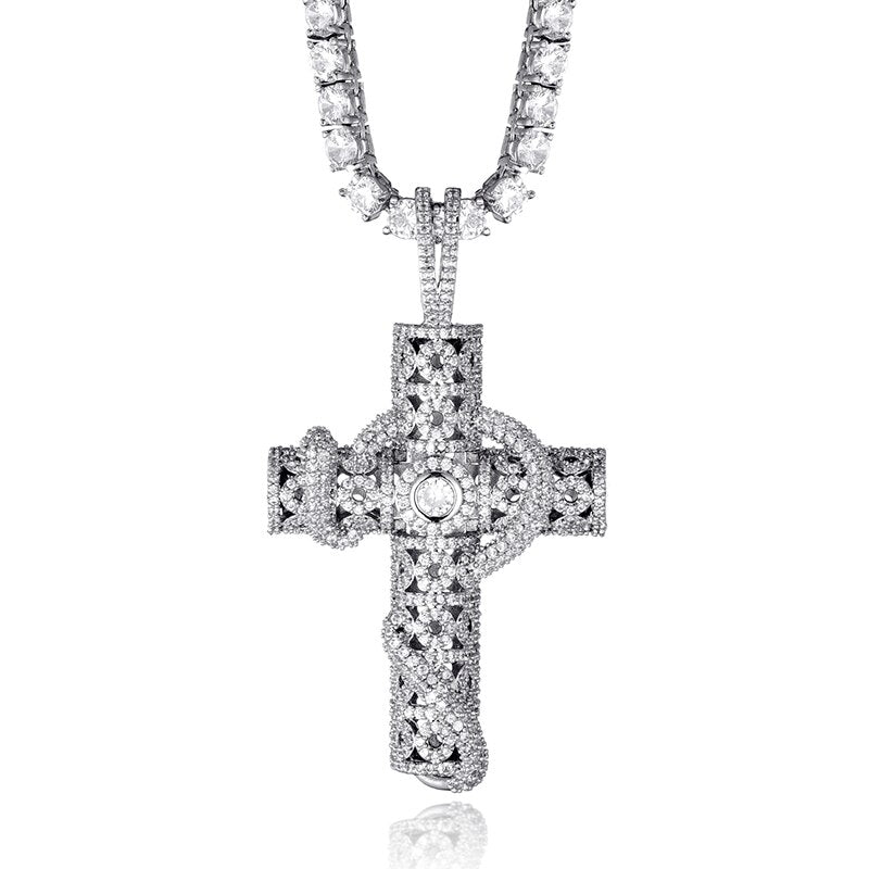 Cubic-Zirconia-Studded Cross Bling Hip-hop Pendant Necklace-Necklaces-Innovato Design-Silver-6mm Cuban-22inch-Innovato Design