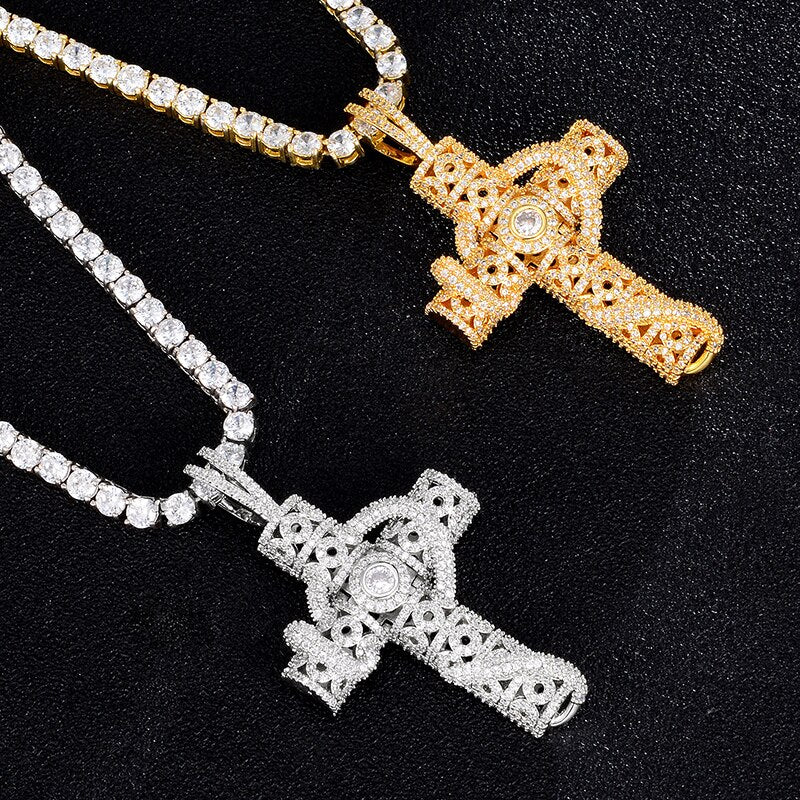 Cubic-Zirconia-Studded Cross Bling Hip-hop Pendant Necklace-Necklaces-Innovato Design-Silver-6mm Cuban-22inch-Innovato Design