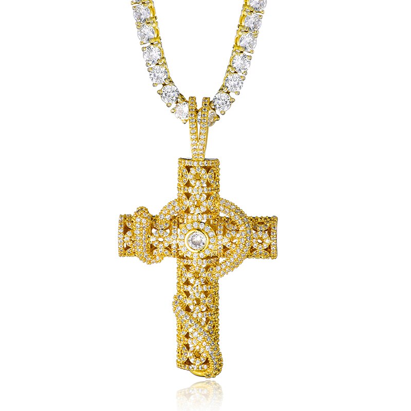 Cubic-Zirconia-Studded Cross Bling Hip-hop Pendant Necklace-Necklaces-Innovato Design-Gold-6mm Cuban-20inch-Innovato Design