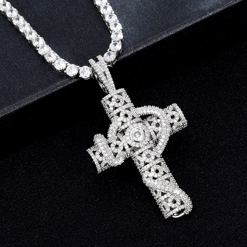 Cubic-Zirconia-Studded Cross Bling Hip-hop Pendant Necklace-Necklaces-Innovato Design-Silver-6mm Cuban-22inch-Innovato Design