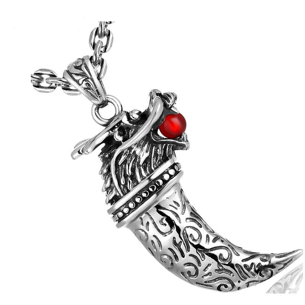 Gothic Dragon Head Biting Red Stone 925 Sterling Silver Vintage Steampunk Pendant