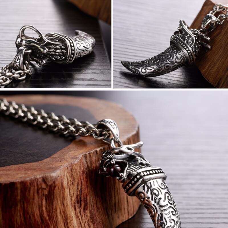 Gothic Dragon Head Biting Red Stone 925 Sterling Silver Vintage Steampunk Pendant-Necklaces-Innovato Design-19.69in-Innovato Design