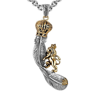 Lion with Crown Feather 925 Sterling Silver Vintage Steampunk Biker Pendant Necklace-Gothic Necklaces-Innovato Design-Innovato Design
