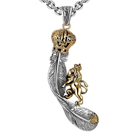 Lion with Crown Feather 925 Sterling Silver Vintage Steampunk Biker Pendant Necklace-Gothic Necklaces-Innovato Design-Innovato Design